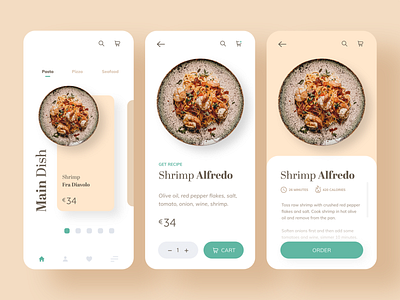 Italian Restaurant - Food Delivery and Recipe App app food food delivery food delivery app italian italianfood italianrestaurant minimal minimalist mobile application mobileapp pasta pastel recipe shrimp softcolors ui user interface userinterfacedesign ux