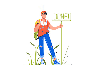 Man standing near sign "Done" done flat illustration kit8 sign stand vector