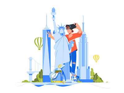 Young handsome man makes selfie with statue of liberty character flat illustration kit8 man selfie tourist travel vector
