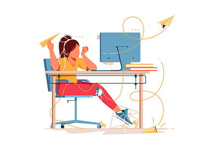 Woman having boring weekdays and throw paper airplanes boring character computer flat illustration kit8 office table vector woman workplace