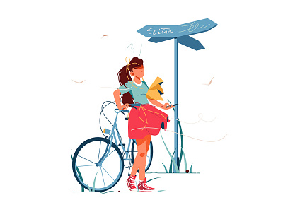 Confusion woman lost with bicycle bicycle character flat illustration kit8 lost sign vector way woman