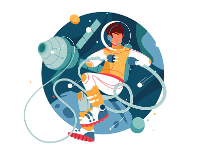 Astronaut connect wires in outer space astronaut character checklist flat illustration kit8 pencil space spacesuit vector