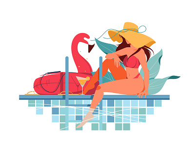 Woman with hat near by the pool character flamingo flat girl illustration kit8 pool summer vector vocation