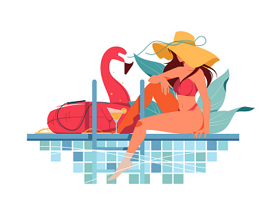 Woman with hat near by the pool