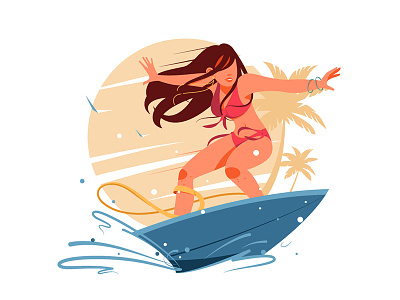 Young girl surfing on surfboard character flat girl illustration kit8 summer surf surfboard surfing vector vocation wave