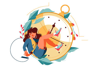 Woman kills time using smartphone busy character clock flat girl illustration kit8 time vector