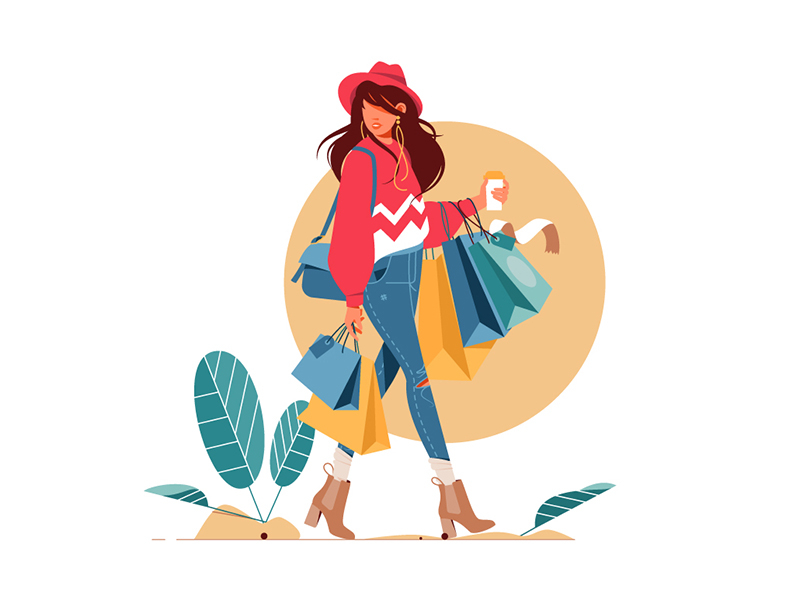 Woman holding packages after shopping bags character fashion flat going illustration kit8 shopping vector woman