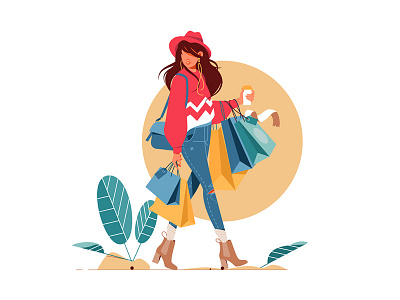 Woman holding packages after shopping bags character fashion flat going illustration kit8 shopping vector woman