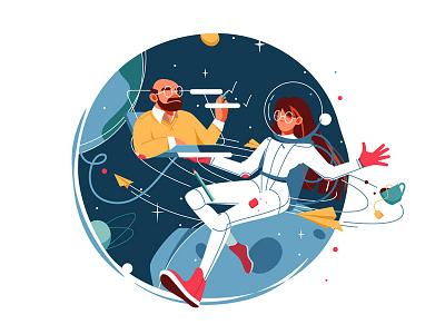 Woman in spacesuit work from space flat girl illustration kit8 remote space vector woman work