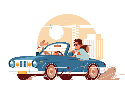 Man with dog go on trip by car car character dog flat illustration kit8 man travel trip vector