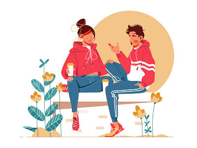 Sweet couple talking sitting on bench bench couple flat girl illustration kit8 man talk vector woman