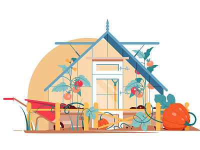 Garden with tomatoes and pumpkins building flat illustration kit8 pumpkins tomatoes vector