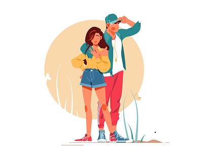 Girl and boy posing in stylish outfits boy couple flat girl illustration kit8 man outfits posing vector woman