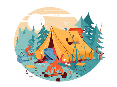 Woman searching in hike tent near bonfire bonfire flat girl hike illustration kit8 tent travel vector woman