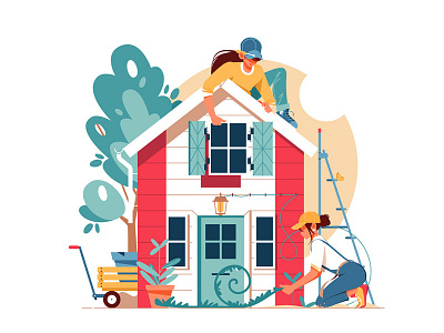Two woman building a house building character facade flat house illustration kit8 vector woman