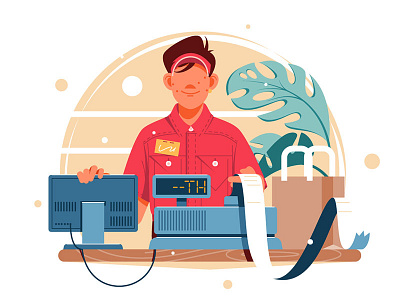 Young smiling man and cash register cash register character checkout flat illustration kit8 man market shop supermarket vector