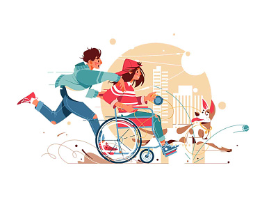 Guy and a woman in wheelchair walking with dog character dog flat girl happy illustration kit8 man run vector walk wheelchair woman