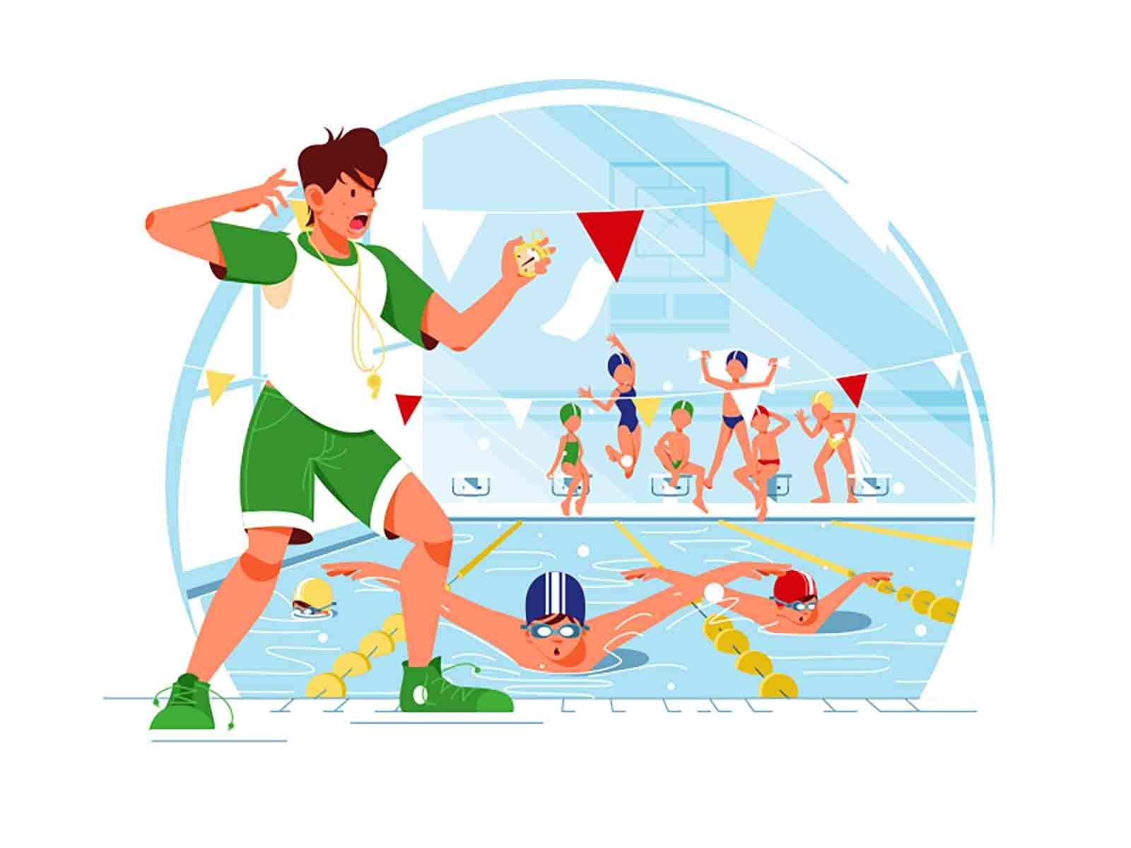 Swimming coach with timer boy character coach design fan finish flat girl illustration kid kids kit8 man pool race start swim timer vector woman