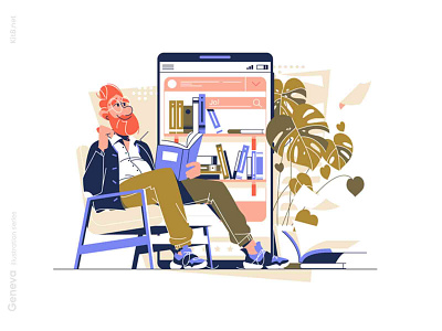 Man enjoying book reading illustration book character flat happy illustration kit8 library man online reading vector