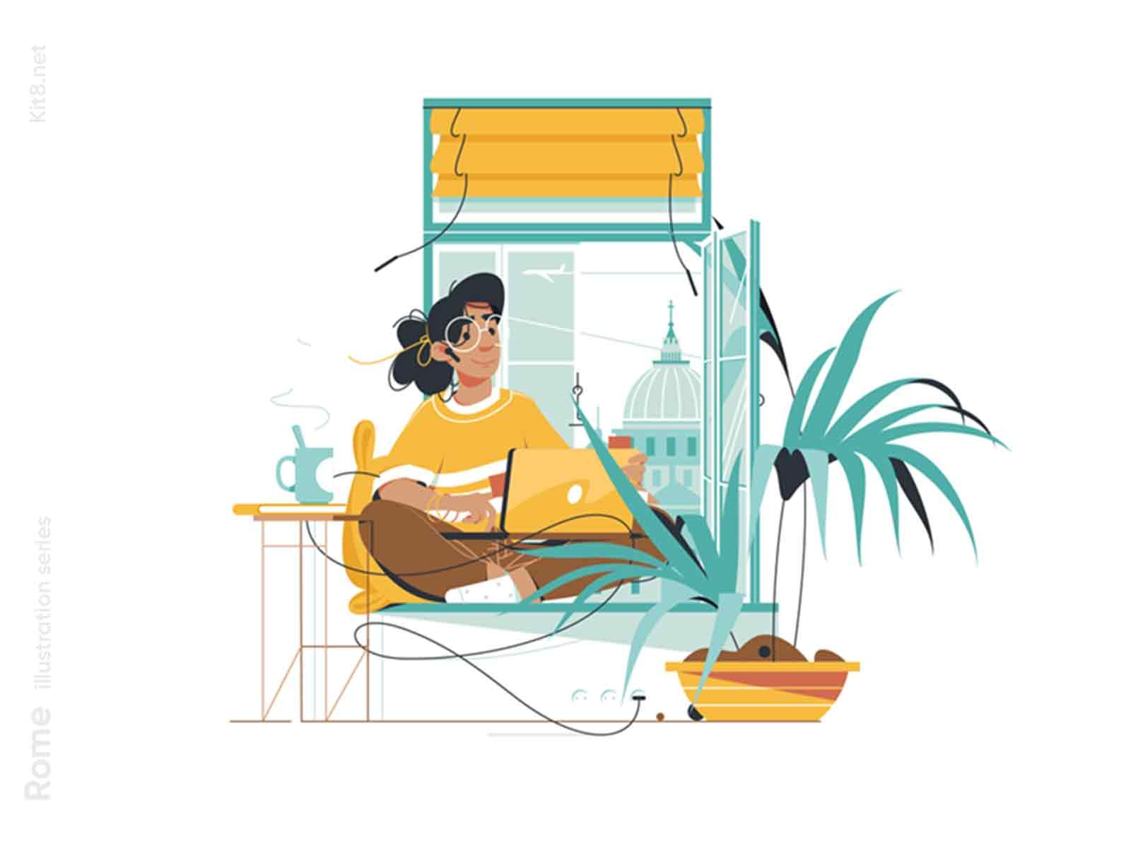 Woman sitting on sill illustration beverage character drink flat girl home office illustration kit8 laptop remote rome room vector window woman work workplace