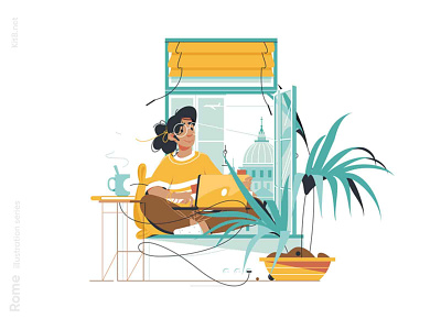 Woman sitting on sill illustration beverage character drink flat girl home office illustration kit8 laptop remote rome room vector window woman work workplace