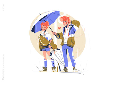 Guy and girl walking under rain illustration