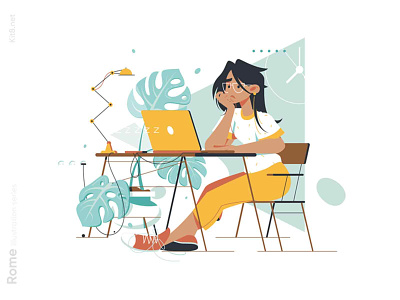 Woman waiting message at laptop illustration character flat girl illustration kit8 lamp laptop plant table vector waiting woman work workplace workspace