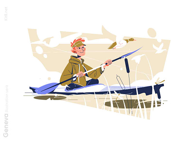Guy kayaking on river illustration canoe character duck flat illustration kayaking kit8 natute outdoor sport vector