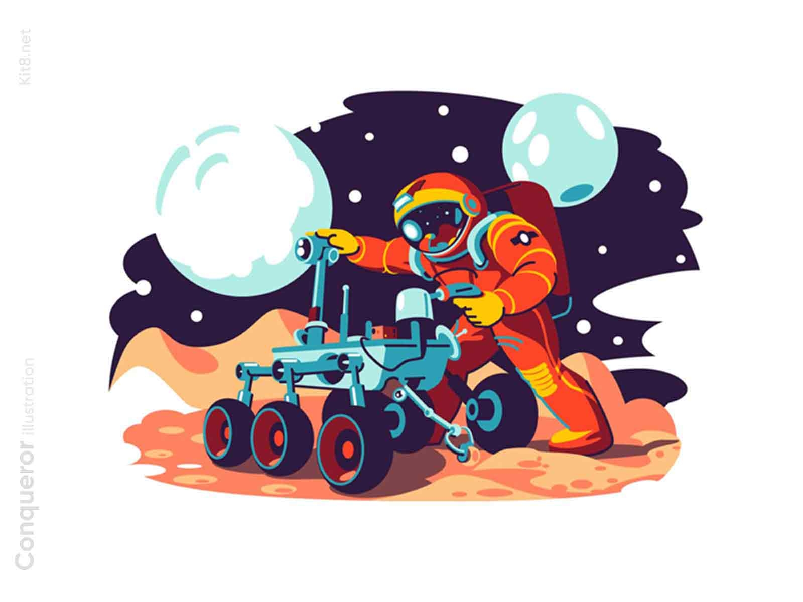 Astronaut fixing a machine illustration character flat illustration kit8 man outerspace vector