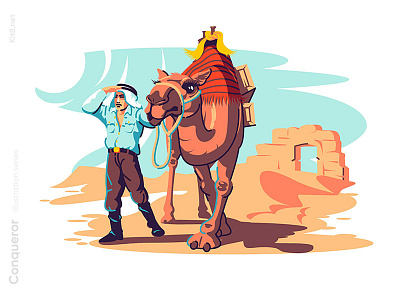 Man with camel explore desert illustration