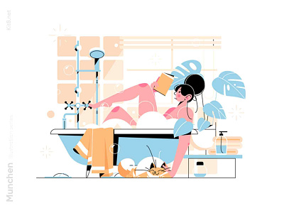 Woman having nice bath time illustration book buth character flat girl illustration kit8 read relax vector woman