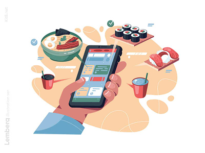 Online food order illustration character flat food illustration kit8 mobile online order soup suchi vector