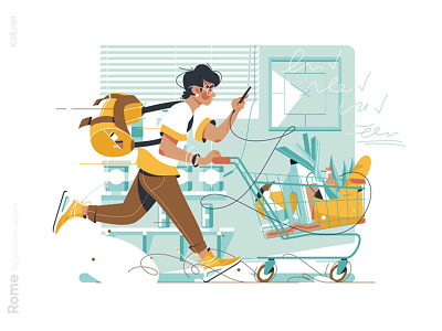 Guy shopping in hurry illustration basket cart character fast flat guy hurry illustration kit8 man run shop shopping vector