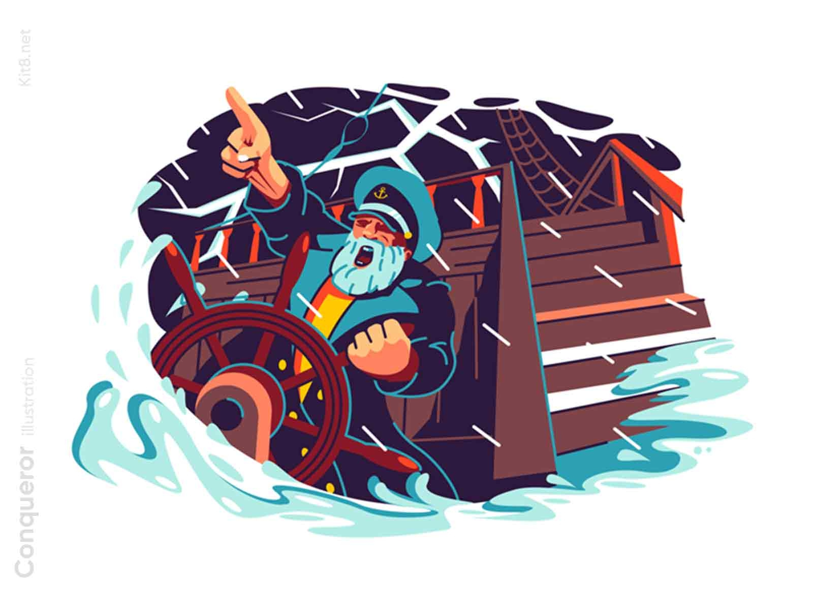 Captain at helm of boat illustration boat captain character flat illustration kit8 ligtning man sea ship storm strong vector wave