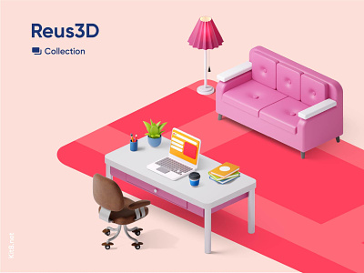 Reus3D series 3d blender chair illustration isometric laptop objects pack room sofa table workplace workspace
