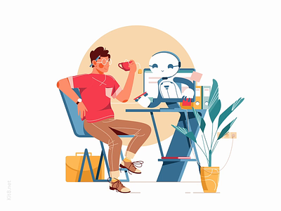 Robot helps man Animation after effects android assist bot cafe character drink flat help illustration json kit8 lottie man motion mp4 robot vector
