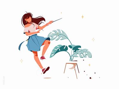 Girl with magic wand Lottie animation after effects animation character flat illustration json kit8 lottie magic motion mp4 plant pot vector wand woman