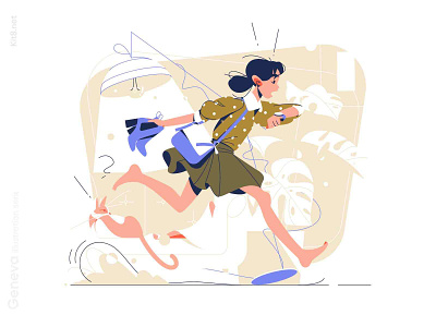 Girl run in hurry to work - illustration barefoot character flat girl hurry illustration kit8 late run vector woman work