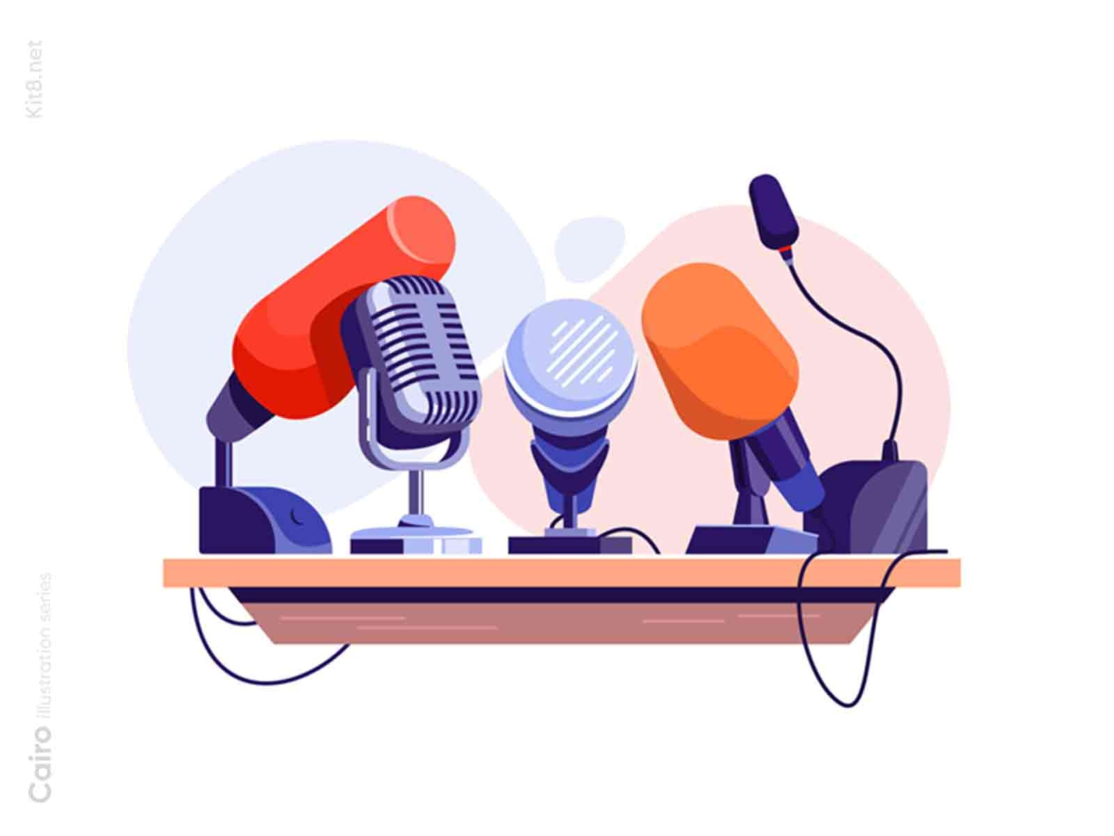 Microphones on tribune illustration conference illustration marketing microphone object press tribune vector