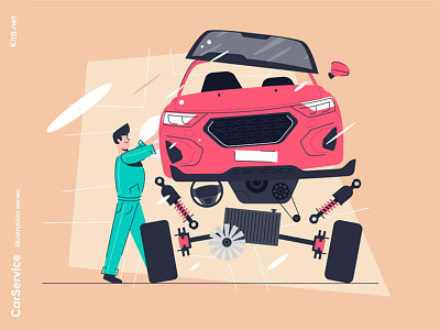 Car service illustration auto car character flat illustration kit8 man repair service vector