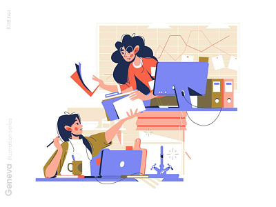 Working from home and office illustration character coworking documents flat freelance illustration kit8 office remote vector woman work