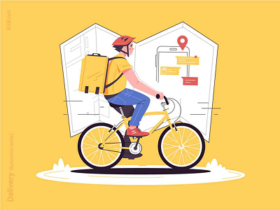 Food delivery by bike illustration bicycle bike character delivery drive flat food gps illustration kit8 location man map vector