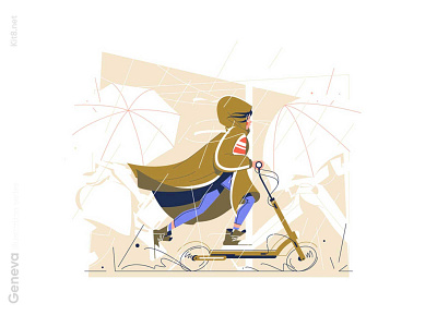 Girl riding scooter under rain illustration character flat girl illustration kit8 rain riding scooter vector