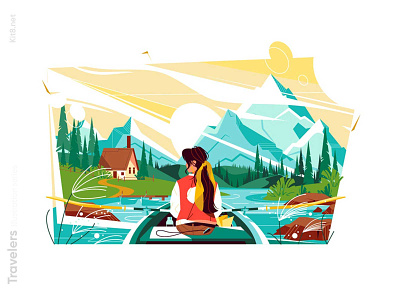 Girl boating on lake illustration boating character flat illustration kit8 lake landscape mountain vector woman