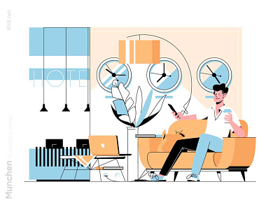 Man sitting in lobby illustration character flat illustration indoors kit8 lobby man relax sitting vector