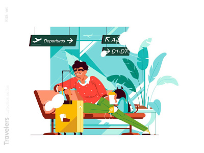Guy with coffee wait for flight illustration character coffee flat flight holiday illustration kit8 man vector wait