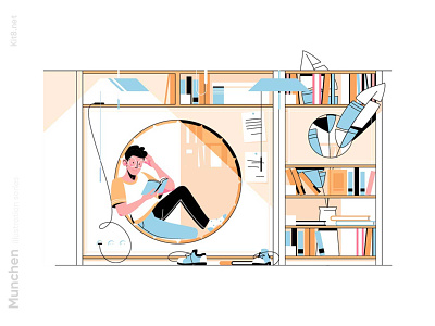 Guy in modern library illustration books character flat illustration kit8 library man modern reading vector