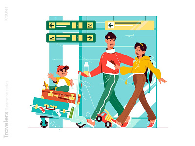 Family at airport illustration airport character departure family flat get illustration kit8 ready vector