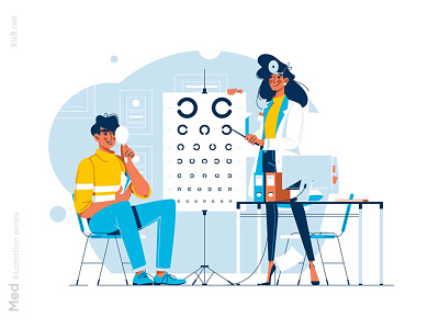 Ophthalmologist checking vision illustration character checking flat illustration kit8 man ophthalmologist patient vector vision woman