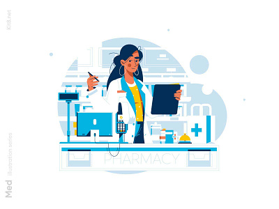 Doctor pharmacist in drugstore illustration character doctor drugstore flat illustration kit8 medicine pharmacist vector woman